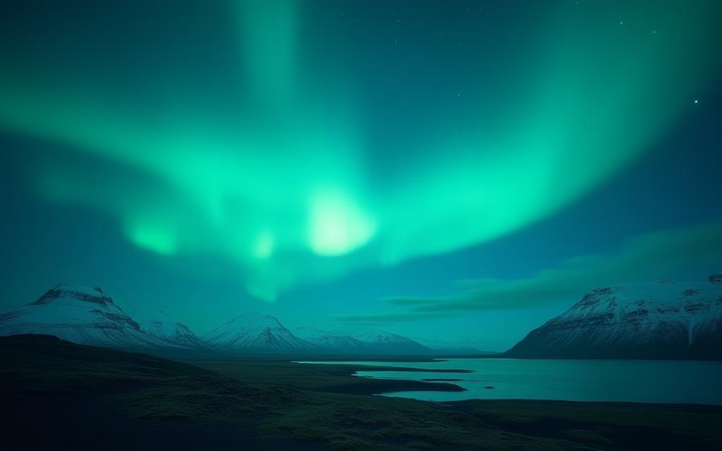 Paesaggio con aurora boreale in Islanda